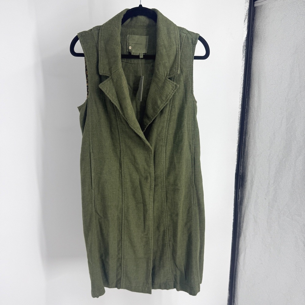 Anthropologie Moss Green Linen Blend Sleeveless Trench Vest Petite XSP New
